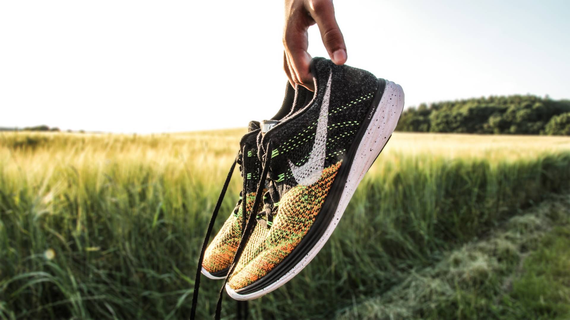 A person holding a pair of Nike trainer shoes in a field