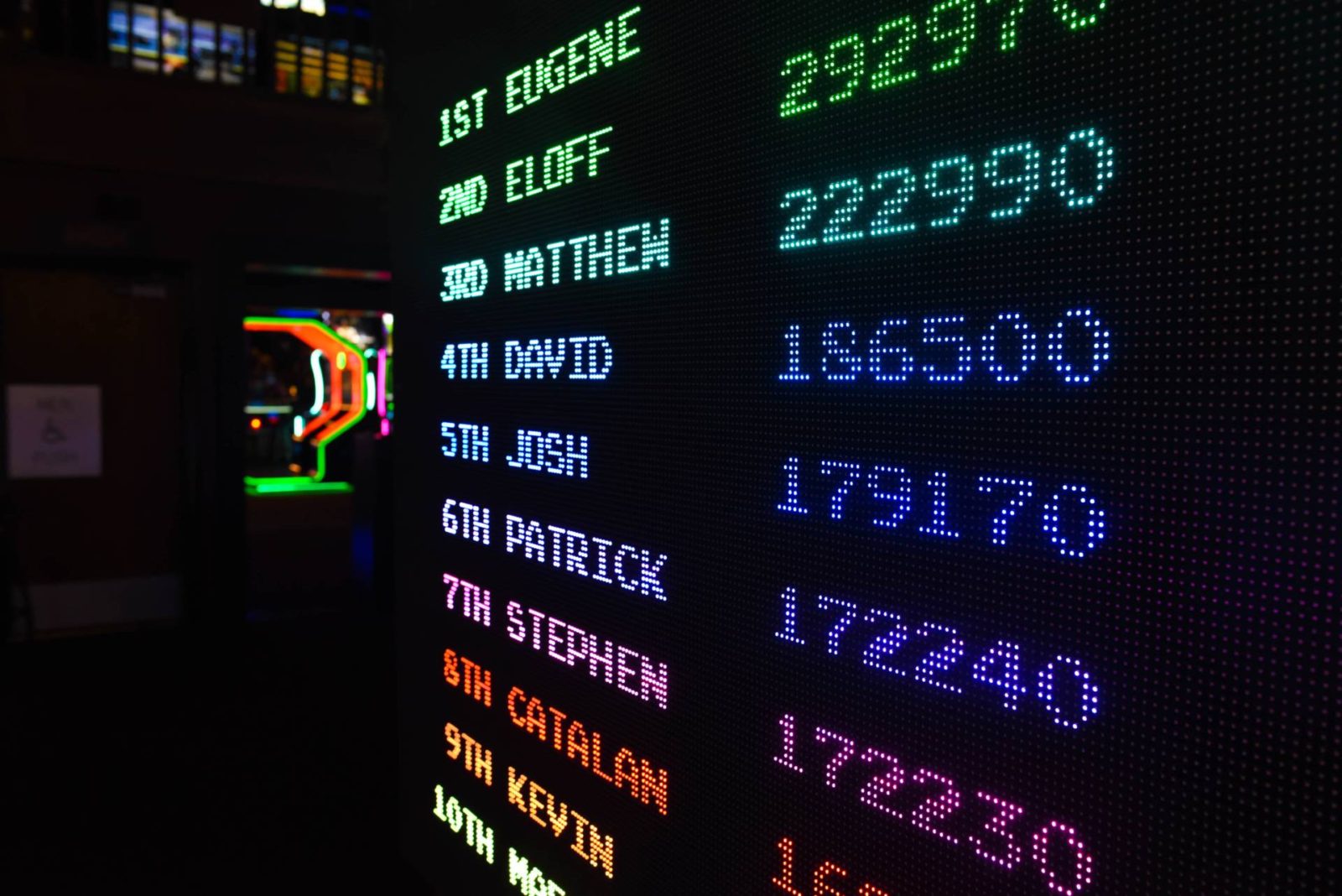 Billboard scoreboard with multicoloured rows of scores 