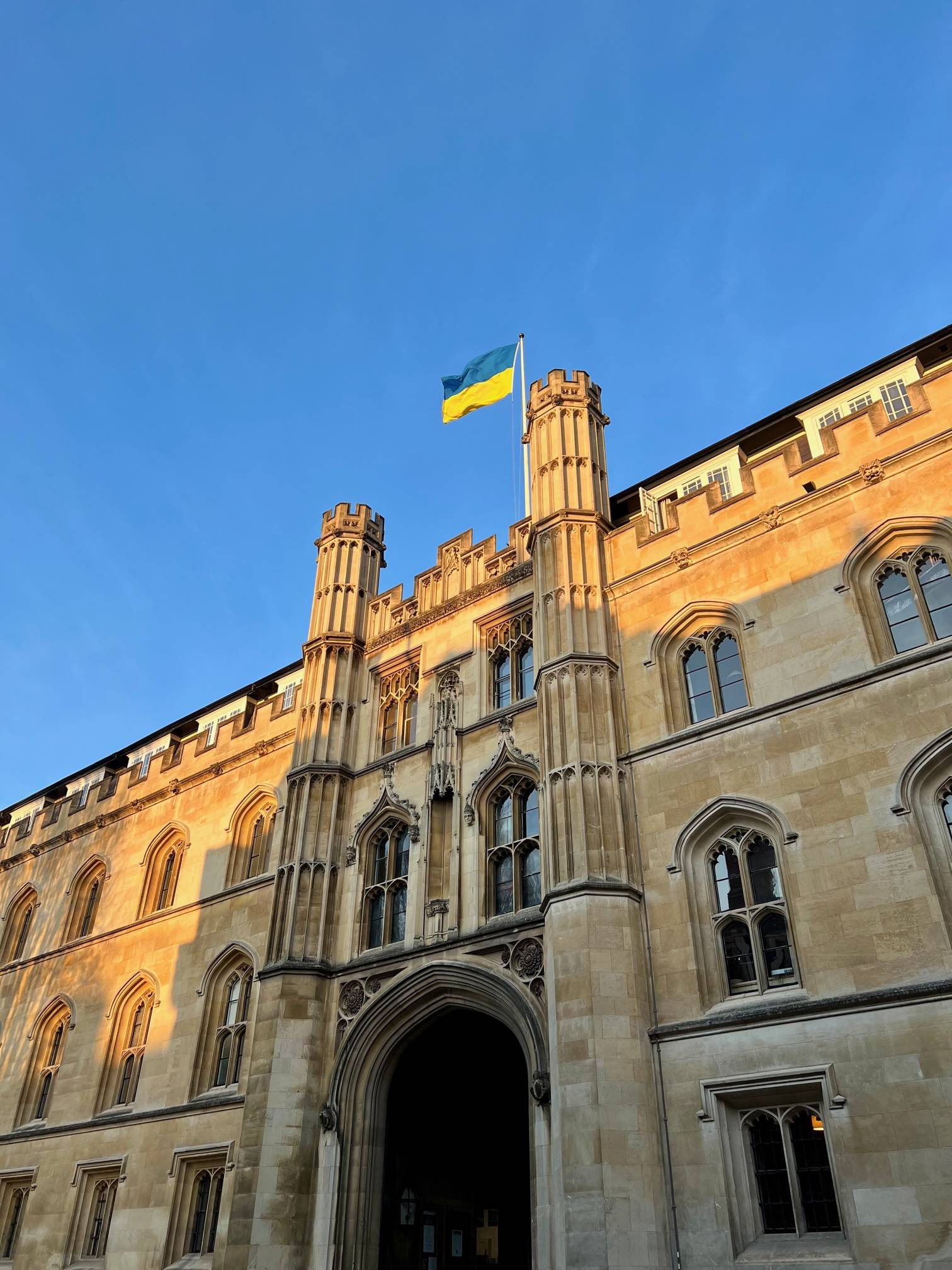 Ukraine flag flying from Corpus Christi College University of Cambridge