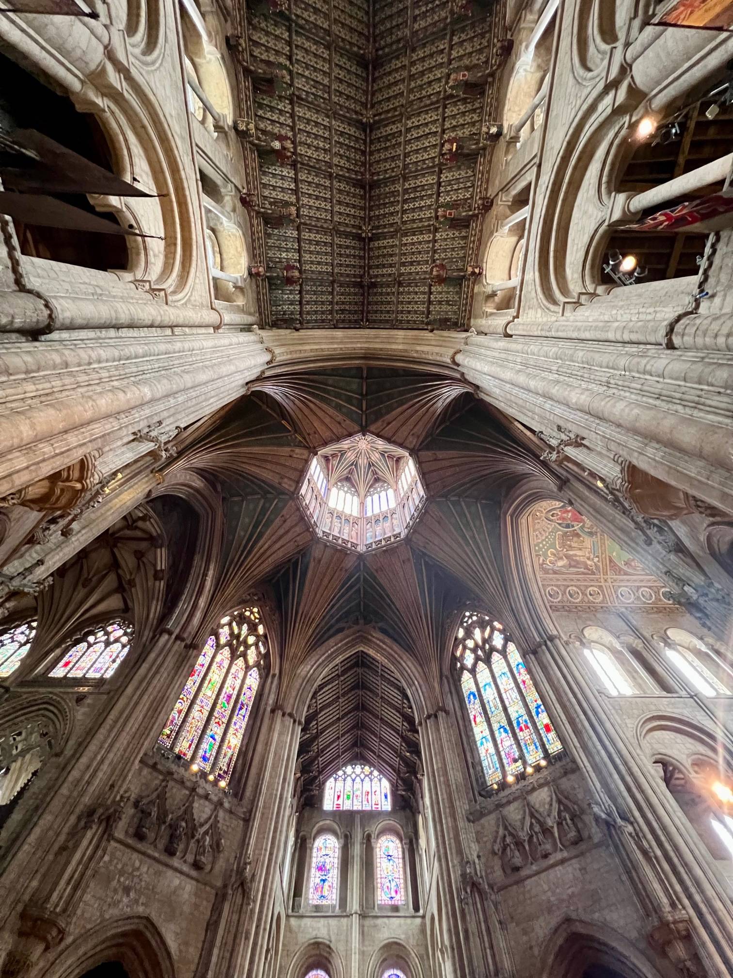 Upshot of intricately decorated octagon and lantern ceiling of Ely Cathedral 