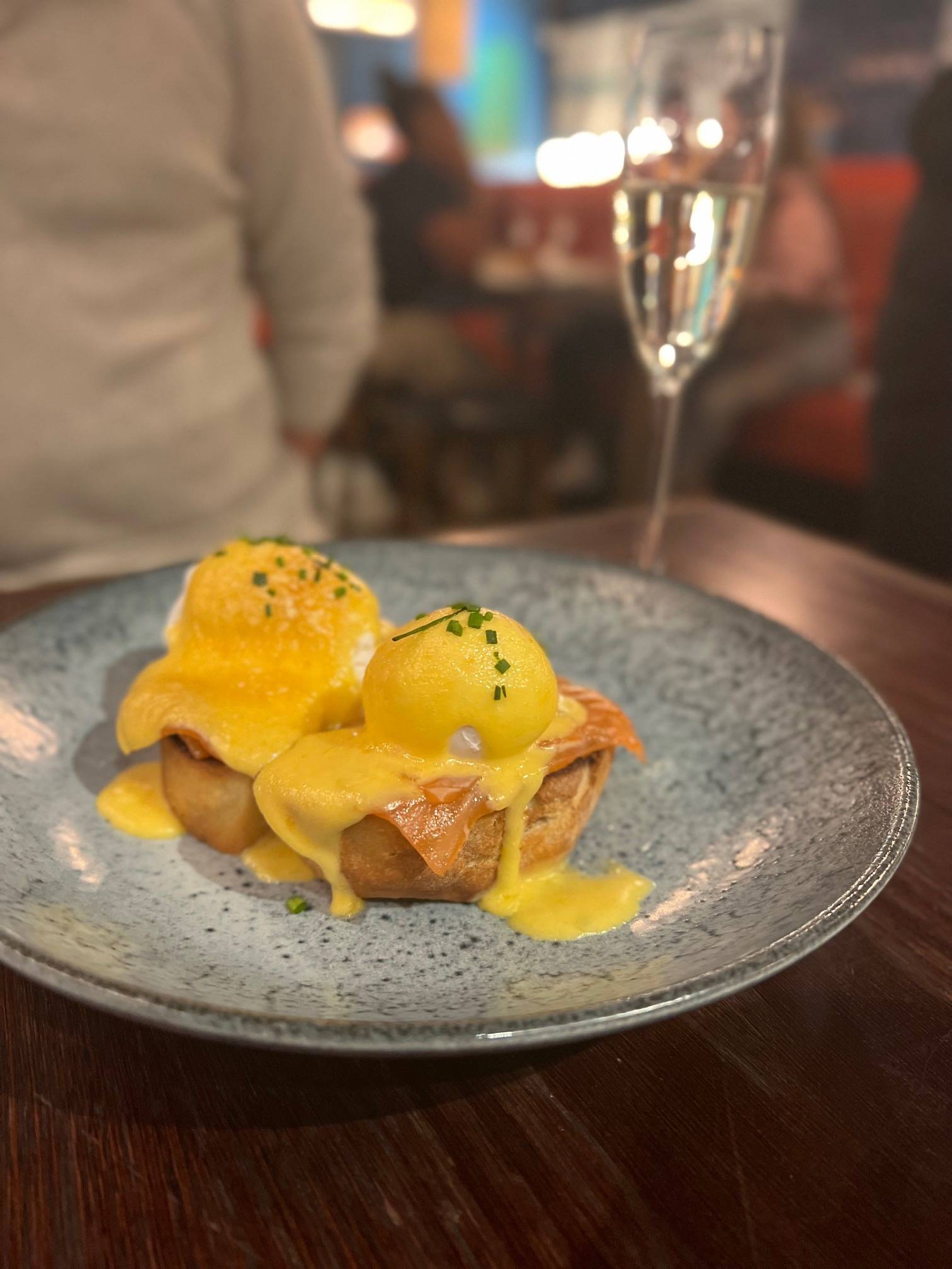 eggs royale on a blue plate