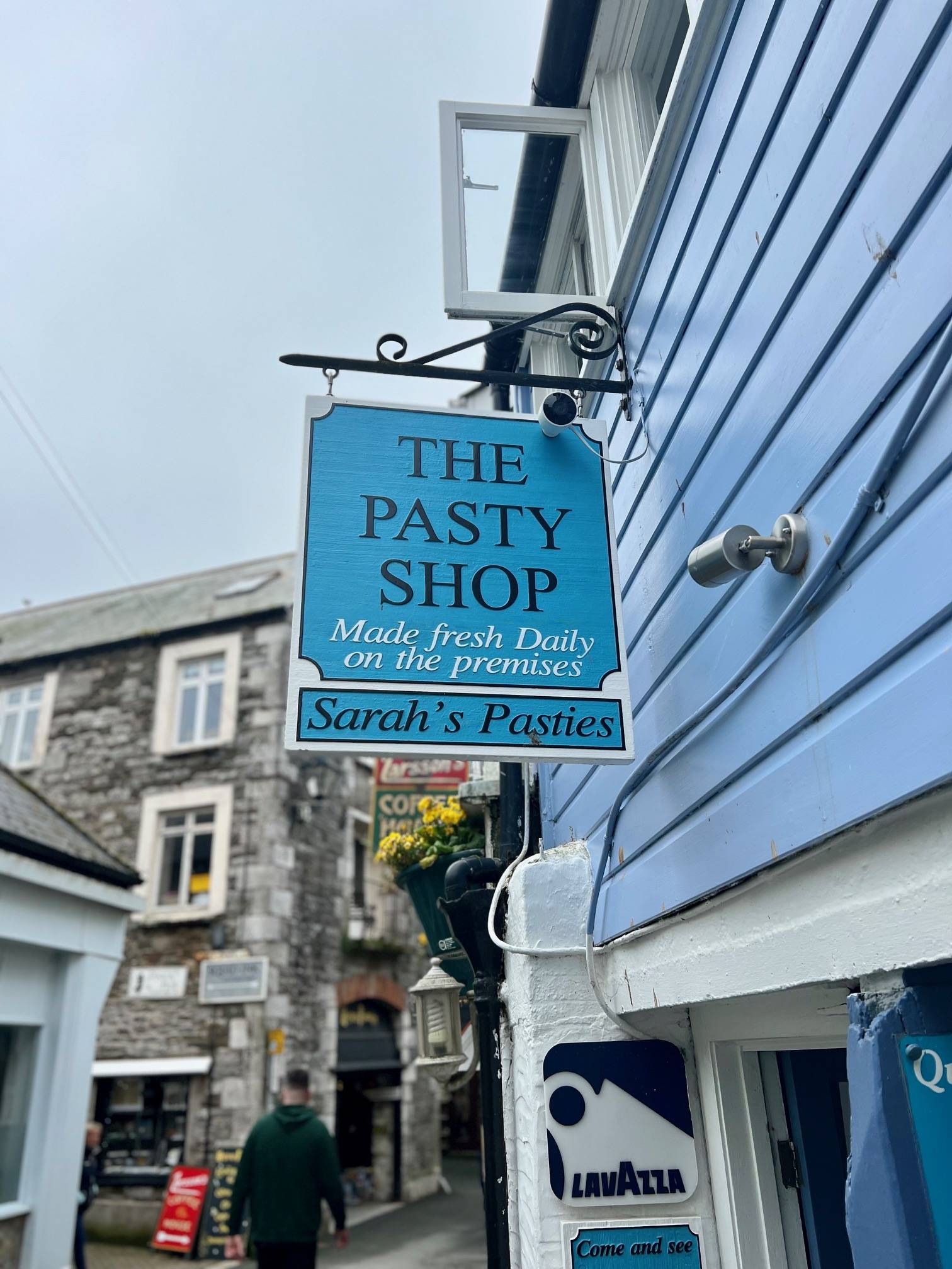 Blue shop signage reading The Pasty Shop
